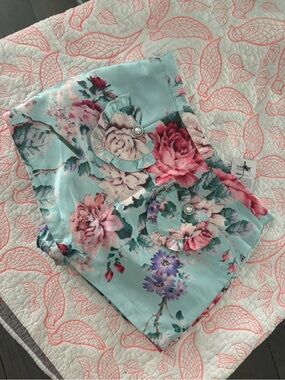 Aqua & pink Floral Skort with heart pockets & Pearl Buttons